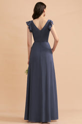 Affordable V-Neck Chiffon Ruffles Bridesmaid Dress with Pockets On Sale-27dress